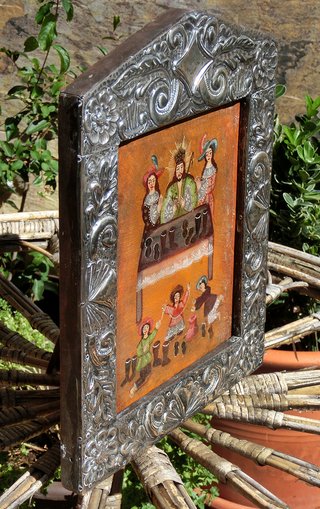 PINTURA CUZQUEÑA MARCO REPUJADO ZAPATERO RELIGIOSO