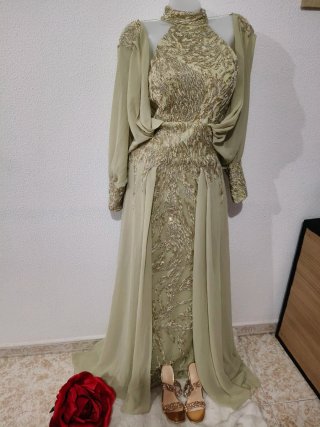 Vestido de fiesta largo verde y dorado