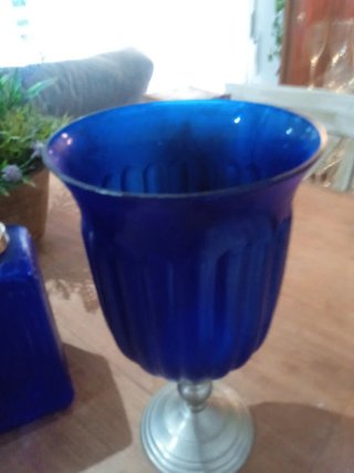 Florero Vintage Cristal Portugués Grande Azul
