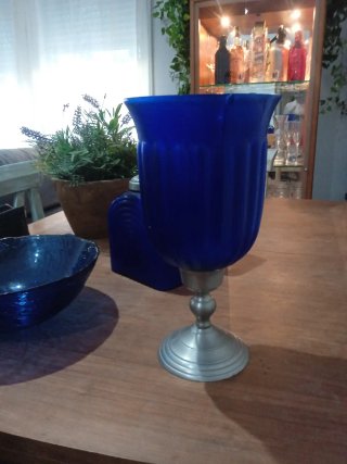 Florero Vintage Cristal Portugués Grande Azul