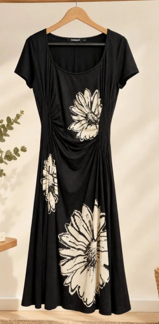 Vestido Desigual Negro con Flores Talla XL/44
