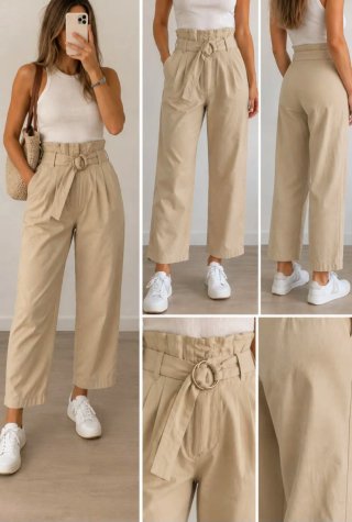 Pantalón Beige Zara Woman Tiro Alto con Cinturón