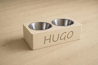 Comedero doble elevado con nombre de mascota
