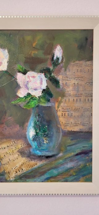 Cuadro al óleo bodegón con flores