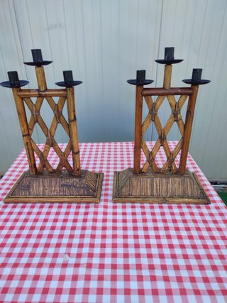 Pareja Candelabros Bambú y Madera