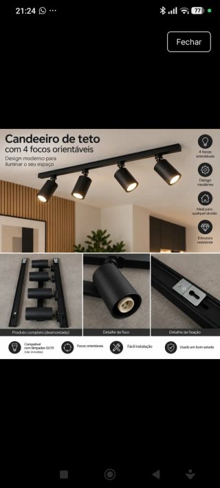 Candeeiro Teto Preto 4 Focos Orientáveis