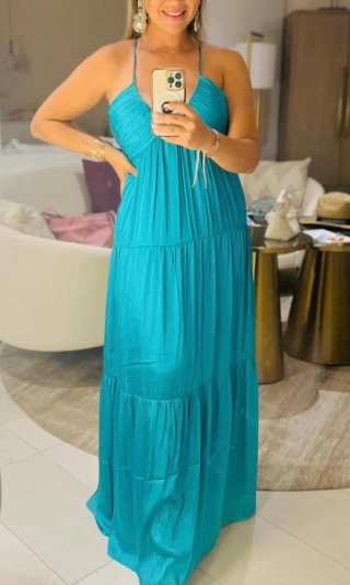 Vestido largo fluido Mango azul turquesa