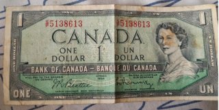 Billete de 1 Dólar Canadá Reina Isabel II 1954