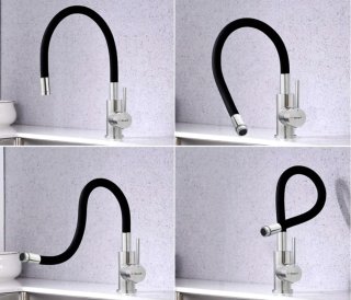 Grifo de cocina flexible negro y plateado