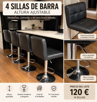 4 Taburetes Barra Ajustables Negros