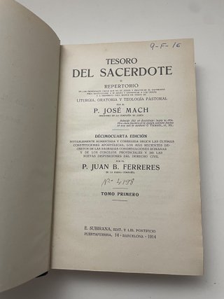 Tesoro del Sacerdote Tomo 1 (1914) Mach Ferreres