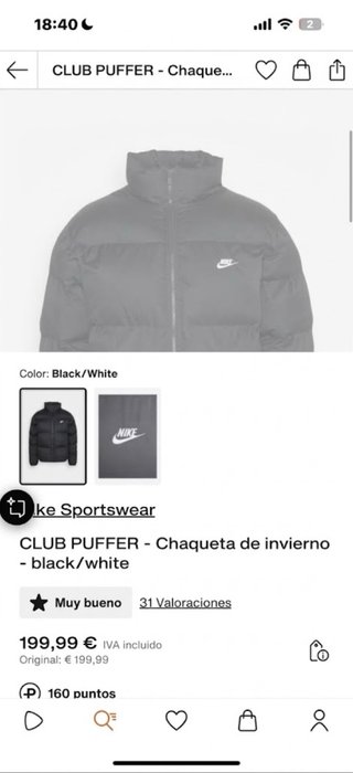Chaqueta Plumas Nike Club Puffer Negra Talla L