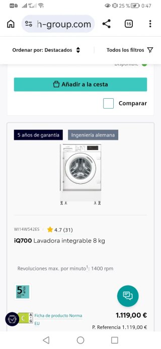 Lavadora Integrable Siemens iQ700 8kg