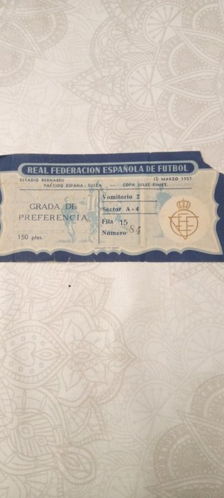 Entrada Fútbol España-Suiza 10/03/1957