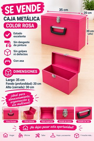 Caja Metálica Rosa con Asa - 35x20x30 cm