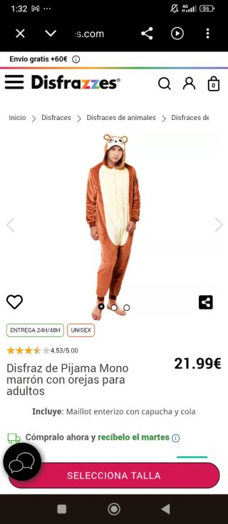 Disfraz pijama de mono/ardilla/oso