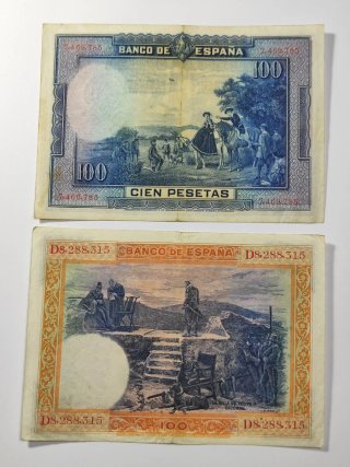 Lote 5 Billetes antiguos 100, 50, 25 y 5 pesetas