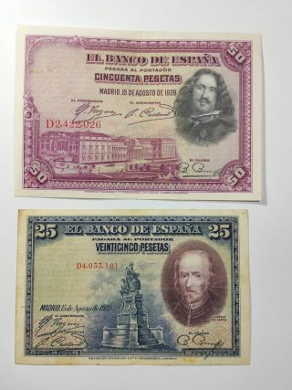 Lote 5 Billetes antiguos 100, 50, 25 y 5 pesetas