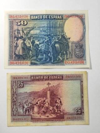 Lote 5 Billetes antiguos 100, 50, 25 y 5 pesetas