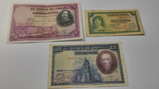 Lote 5 Billetes antiguos 100, 50, 25 y 5 pesetas