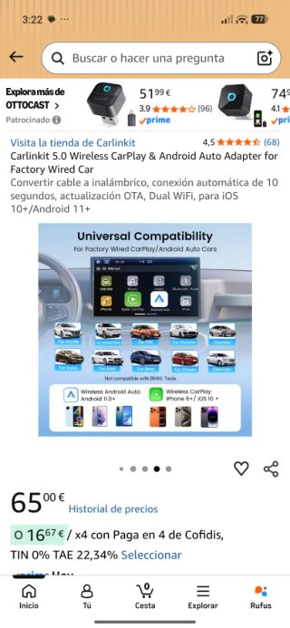 Adaptador Carlinkit 5.0 Wireless CarPlay/Android