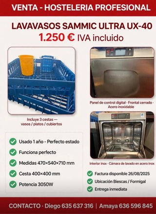 LAVAVASOS SAMMIC UX-40 (Usado 1 año)