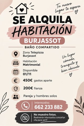 Se alquila habitacion en burjassot para pareja
