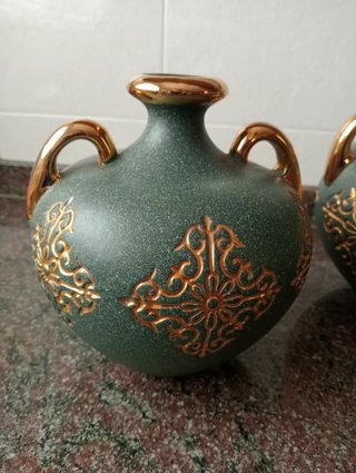 Pareja de Jarrones Vintage Verde y Dorado
