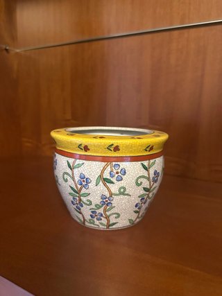 Maceta de cerámica con flores azules