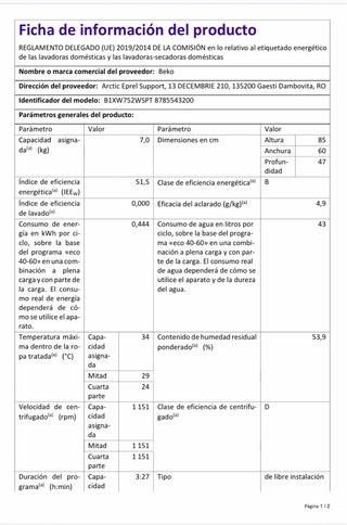Lavadora Beko B1XW752WSPT Carga Frontal 7 kg 1200