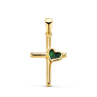 Cruz de Oro Amarillo 18k con Corazón Malaquita