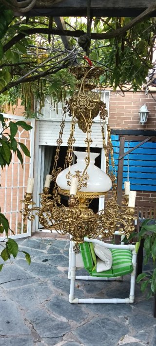 Lámpara antigua bronce y cristal