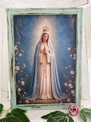 Cuadro verde  Virgen de Fátima entre flores