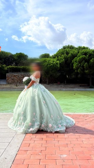 Alquiler Vestido Quinceañera Verde y Rosa