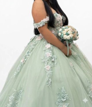 Alquiler Vestido Quinceañera Verde y Rosa