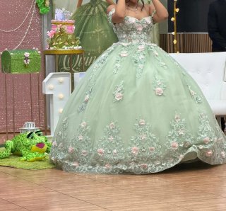 Alquiler Vestido Quinceañera Verde y Rosa