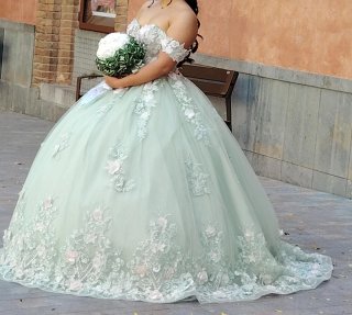 Alquiler Vestido Quinceañera Verde y Rosa