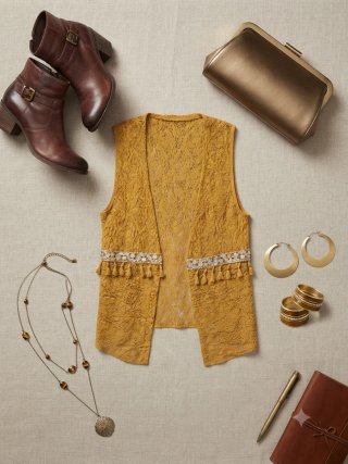 Chaleco Corto Encaje Bohemio Mostaza Talla Única