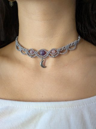 Girocollo macramè ametista e quarzo rosa