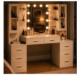 Tocador de maquillaje con espejo y luces