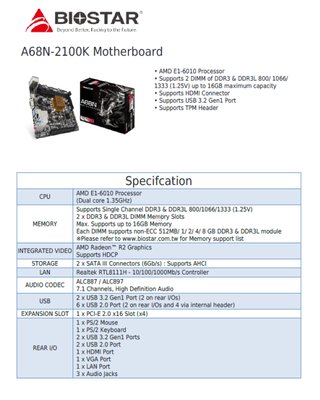Placa Base Biostar A68N-2100K con 4GB RAM