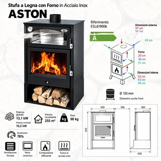 Stufa a legna con forno inox Aston 13,1 kW