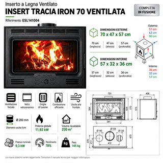 Insertabile legna ventilato Tracia Iron 11,92 kW