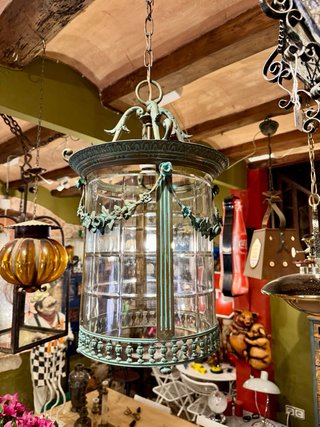 Gran Lámpara Francesa Antigua cobre y cristal tall