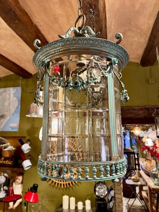 Gran Lámpara Francesa Antigua cobre y cristal tall