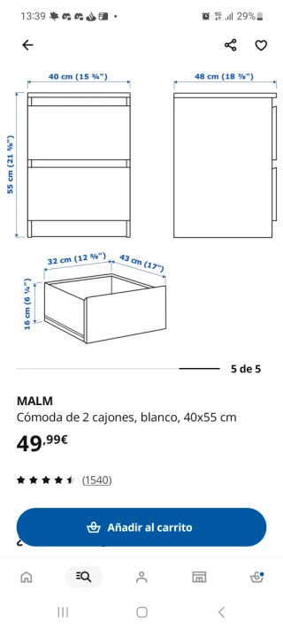 Mesita de Noche Blanca con 2 Cajones