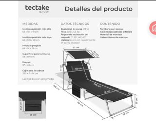 Hamaca o tumbona plegable tectake 190x68x111 cm