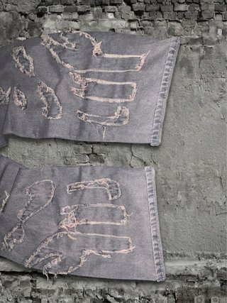 Jeans Baggy Denim Grigio Strappi Ricami