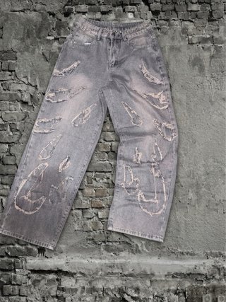 Jeans Baggy Denim Grigio Strappi Ricami