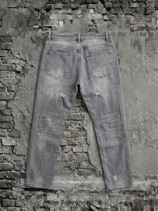 Jeans Baggy Denim Grigio Strappi Ricami
